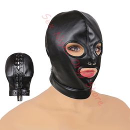 Adult Toys Slave Bdsm Bondage Head Mask PU Leather Hood SM Role Playing Game Erotic Party Mask Fetish Open Mouth and Eye Gimp Adult Sex Toy 230413