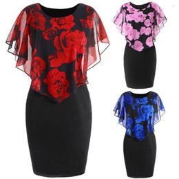 Casual Dresses 2023 Fashion Summer Loose Womens Dress Elegant Office Lady Rose Flower Print Cape Bodycon Knee Length Red