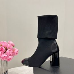 85 mm Leder-Stretch-Strick-Booties, hochhackige Sockenstiefel für Damen, zum Anziehen, sockenähnliche Manschette, klobiger Absatz, Luxus-Designer, modische Abendparty-Schuhe, Fabrikschuhe