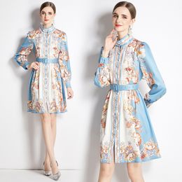 2023 Fashion Party Floral Mini Dress Long Sleeve Women Designer Stand Collar Slim Vacation High Waist A-Line Dresses With Belt Spring Fall Runway Elegant Frocks