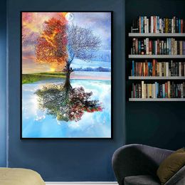 Abstract Nordic Wall Paintings Posters Wall Art Canvas Prints Magical Four Season Tree Picture for Living Room Home Decoration