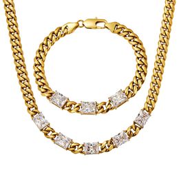 10mm Cuban Link Chain Necklaces Bracelets Choker Collar Chains Jewellery Clean Crystal Stainless Steel 18K Gold Plated For Women Fashion Accessories 8inch-24inch