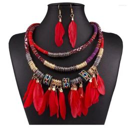 Necklace Earrings Set Bohemian Feather Pendant And Ethnic Rope Chain Choker Women Charm Party Jewellery Accessories Gifts