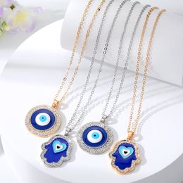 S3565 Geometric Round Fatima Palm Evil Eye Pendant Necklace For Women Rhinestone Enamel Turkish Blue Eyes Choker Necklaces