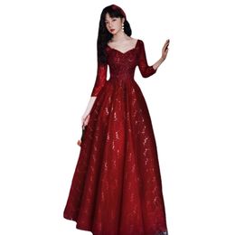 Burgundy Appliqued Crystal Evening Gowns For Women Plus Size Elegant A-line Floor-length Sequin 3/4 Sleeve Prom Dresses