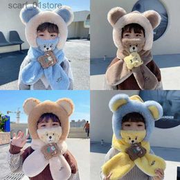 Hats Scarves Sets DANKEYISI Children Windproof Cute Bear Scarf Hat Winter Warm Faux Fur Scarf Hat Girls Boys Pulr Hat 1-9 YearsL231113