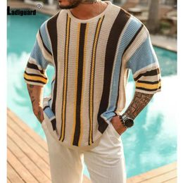 Men's Sweaters 2023 Knitting Plus Size Men Casual O-Neck Knit Pullovers Mens Fashion Retro Striped Tops Half Sleeve Basic Jumpers
