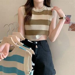 Women's T Shirts Sleeveless Striped Knitted Vest Female Summer Outside Wear Short Design Sense Sweet Beautiful Tank Top