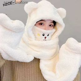 Hats Scarves Sets Winter Cartoon Bear Hat Girls Hooded Scarf Gs Thicken C New Woman Warm Plush Cs Cute Lambswool Protection Winter HatL231113