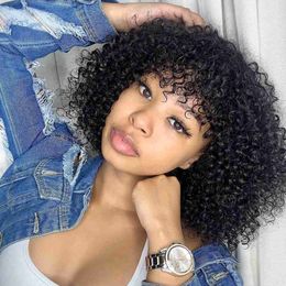 Hair Wigs Rose Curly Pixie Cut Bob No Lace Front Human Wig with Bangs Full Machine for Black Women Preplucked Baby 230413