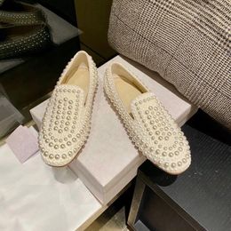 Dress Shoes Luxury Women Loafers Slip-on String Bead 2023 Spring Summer For White Low Heels Unique Designer