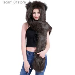 Hats Scarves Sets 3 In 1 Women Men Fluffy Plush Animal Wolf Leopard Hood Scarf Hat with Ps Mittens Gs Thicken Winter Warm Earfl Bomber CL231113