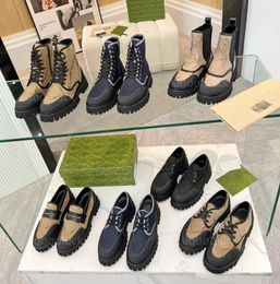 Designer Boots G Platform Flats Combat Boots canvas jacquard chunky Heel platform Knight Boots Low Heel Booties Leather Chain Logo Buckle Women Luxury Shoes