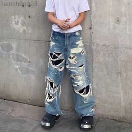 Men's Jeans Men's Vibe Style Destroyed Jeans Pants Fashion Hi Street Ripped Oversize Hip Hop Denim Trousers Loose Fit Distressed Bottoms W0413