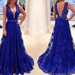 Party Dresses 2023 Sexy Deep V-Neck Royal Blue Mermaid Prom Backless Sleeveless Sash Lace Appliques Evening Gowns Plus Size Vestidos