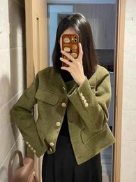 Women's Jackets Vintage Women 2023 Ropa Mujer O-neck Long Sleeve Tunic Army Green Outwear Tops Korean Chic Elegant Tweed Coat