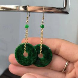 Dangle Earrings 1pcs/lot Natural Emerald Ear Hooks Miss 14K Gold Wrapped Chain Dark Green Round Pendant Folk-custom Costume Accessories