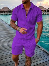 Men's Tracksuits Men's Suit Printed Panel Zip Collar Short Sleeve Casual Polo Shirt Beach Shorts Summer Street Casual Vacation Hawaii ropa hombre 230413