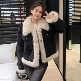 Women's Jackets Faux Fur Denim Coat Women Autumn Winter Thicken Warm Long Sleeve Pockets Spliced Korean Fashion Jacket Vintage Jean Outwear J231113