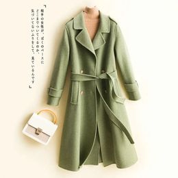 Women's Wool Blends Autumn and winter camel pure wool double-sided Woollen coat women's long loose and thin coat waist suit collar Hepburn style 231113