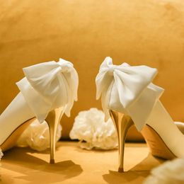 Dress Shoes Wedding Shoes Women's Shoes Banquet Shoes White Bow High Heels Thin Heels Shallow Cut Satin Single Shoes Sizes 34-39 231113