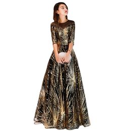Robe De Soiree Evening Dress Gold Sequined Crystal O-Neck Black Floor-length Dinner Gowns RU56