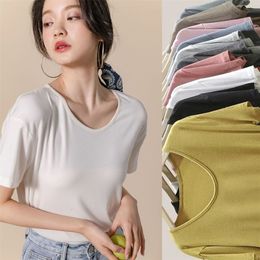 Women's T-Shirt Modal Cotton Ice Silk Short Sleeve Tees Thin Cool Loose Women's Shirts For Summer Solid Basic White Low Collar 230413