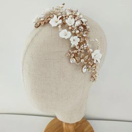 Hair Clips Handmade Bridal Wedding Accessories Ceramic Flower Crystal Headpiece Tiara And Crowns Hairband Jewellery For Women