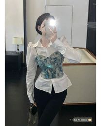 Women's Blouses Shirt Top Long Sleeve Single Breasted Patchwork Split Halo Dyed Flower Print Lapel Short Bubble