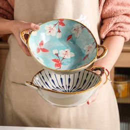 Bowls Japanese Flower Bowl Salad Thickened Ceramic Noodle Ramen Anti-Scalding Binaural Big Soup Vintage Tableware 7.5 Inch