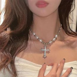 Pendant Necklaces Vintage Shiny Cross Necklace Metal Punk Pearl Choker Clavicle Chain For Women Girls Trendy Hip-hop Neck Jewellery