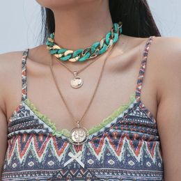 Pendant Necklaces Multilayer Alloy Acrylic Beaded Choker Necklace For Women Green Chain Boho Set Femme Party Jewelry