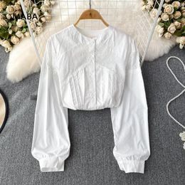 Women's Blouses Korean Simple White Shirt Women Spring Autumn Puff Long Sleeve O-neck Hollow Out Loose Age-reducing Y2k 2023