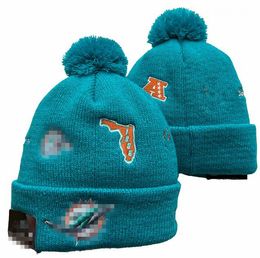 Dolphins Beanies Miami Beanie Cap Wool Warm Sport Knit Hat Hockey North American Team Striped Sideline USA College Cuffed Pom Hats Men Women A2