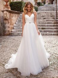 Classic Ivory Tulle A-Line Wedding Dresses Beaded Straps Pleats Long Beach Bridal Gowns Sexy Backless Bride Dress 2024 Summer Robe De Mariee