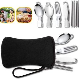 Dinnerware Sets 5 PCS Stainless Steel Tableware Set Foldable Camping Cutlery Includ Knife Fork Spoon Chopsticks For Picnic Hiking School