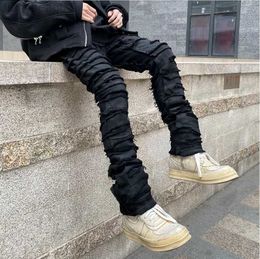 Men's Jeans Heavy Industry Hole Frayed Destruction Waxed Jeans Mens High Street Retro Straight Ripped Pencil Pants Oversize Denim Trousers W0413