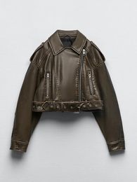 Women s Leather Faux 2023 Women Vintage Loose Pu Short Jacket with Belt Streetwear Female Zipper Retro Moto Biker Coat Outwear Tops 231110