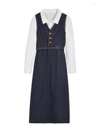 Work Dresses Spring Women Vintage 2 Pieces Outfit Lapel Long Sleeve Baggy White Shirt V-neck Blue Color Button Calf Length Denim Dress