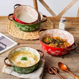 Bowls Cherry Binaural Hollow Handle Ceramic Dessert Bowl Household Cutlery Creative Pasta Soup Noodles Red Green