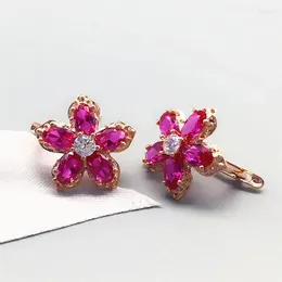 Stud Earrings 585 Purple Gold Plated 14K Rose Inlaid Flower Ruby For Women Classic Glamour Luxury Engagement Dinner Jewellery