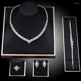 Necklace Earrings Set Fancy India Dubai Bridal Wedding Jewellery For Women Flower Cubic Zirconia Bracelet 4 Pieces