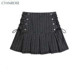 Skirts Y2k Pleated Women Sexy High Waist Grey Stripe Bandage Mini Summer A Line Vintage Harajuku Streetwar 230413