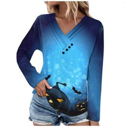 Women's T Shirts Blouses Dressy Casual Fashion Pleated Cross V Neck T-shirts Button Tunic Halloween Print Pumpkin Bat Tops Femme