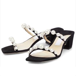 Fashion Summer Women Sandals Pumps London Amara 45 Embellished Black Suede Pearls Double Ankle Strap Designer Italy Trendy JC Slingback Sandal High Heels Box EU 35-43