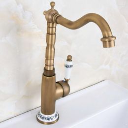 Kitchen Faucets Antique Brass Single Ceramic Flower Handles Base Bathroom Basin Sink Faucet Mixer Tap Swivel Spout Deck Mounted Mnf606