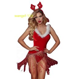 Erotic Sexy Costumes Erotic Underwear Christmas tassels teddies red T-back Women xmas Teddies Babydoll Lingerie Slutty Clothes