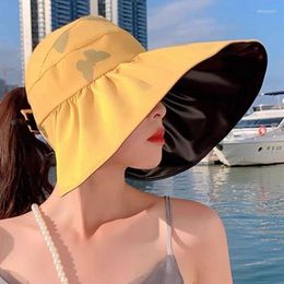 Visors Women Butterfly Hat Foldable Sun Wide Large Brim Beach Hats Straw Inner Layer Vinyl Sunscreen UV Protection Cap