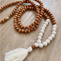 Pendant Necklaces Wood & White Lava Stone Beaded Tassel Necklace Diffuser Jewellery Stones