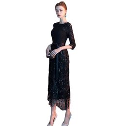 Elegant Evening Dresses Straight Long Half Sleeve Lace Tea Length Cheap Party Dresses Black Evening Gowns